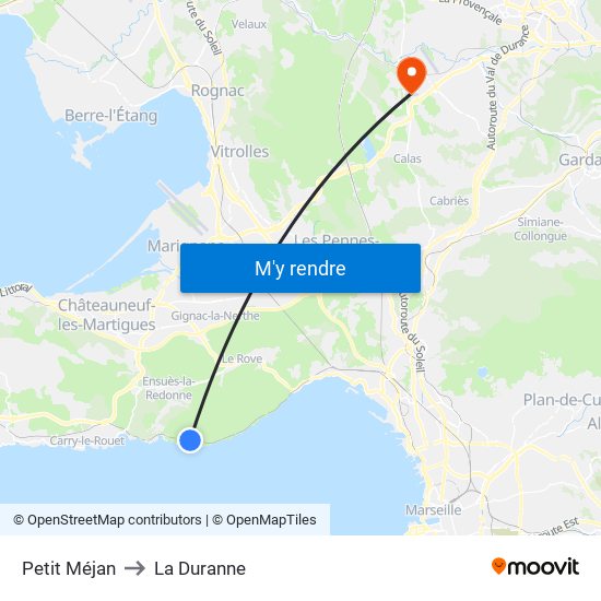 Petit Méjan to La Duranne map