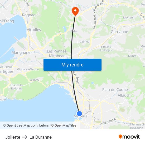 Joliette to La Duranne map