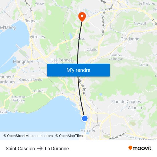 Saint Cassien to La Duranne map