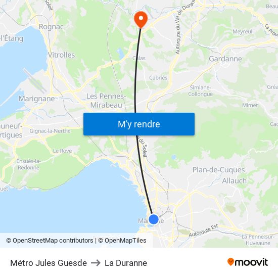 Métro Jules Guesde to La Duranne map