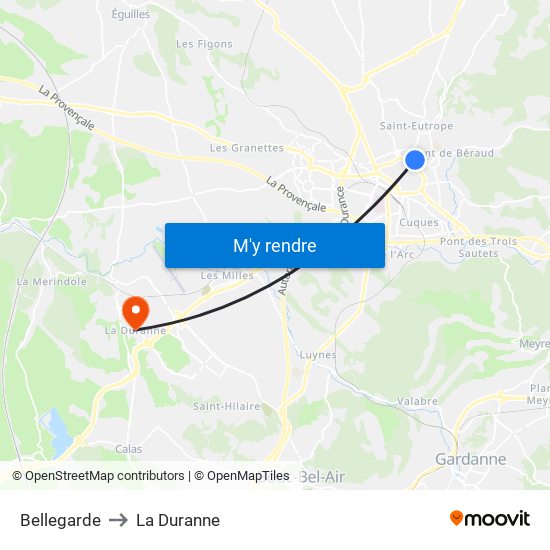 Bellegarde to La Duranne map