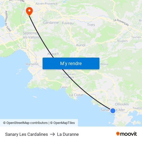 Sanary Les Cardalines to La Duranne map