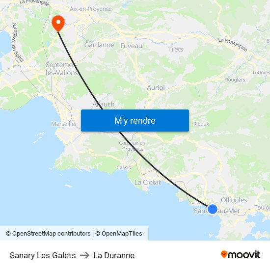 Sanary Les Galets to La Duranne map