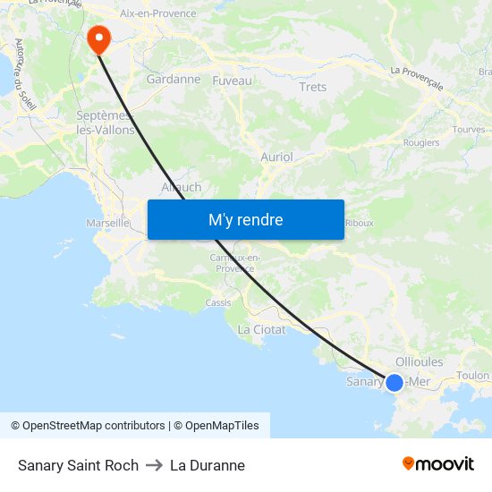 Sanary Saint Roch to La Duranne map