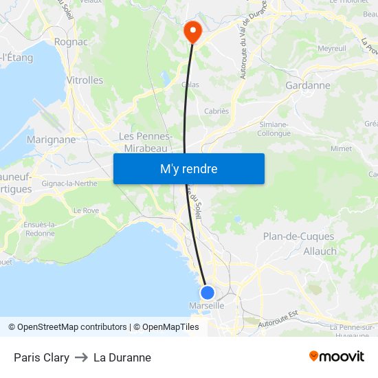 Paris Clary to La Duranne map