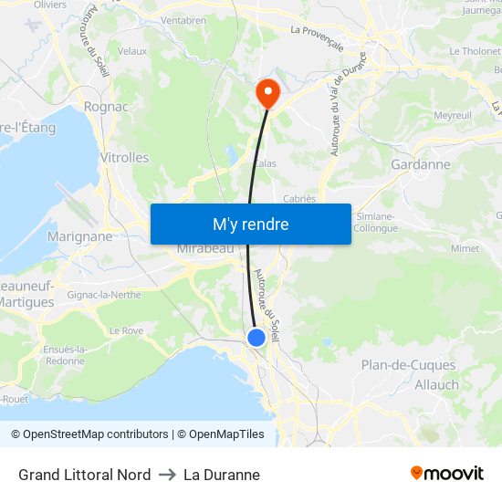 Grand Littoral Nord to La Duranne map