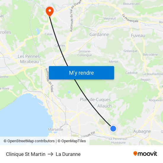 Clinique St Martin to La Duranne map