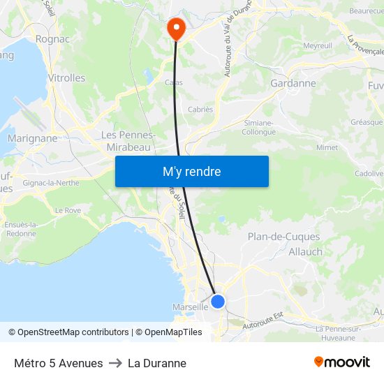 Métro 5 Avenues to La Duranne map