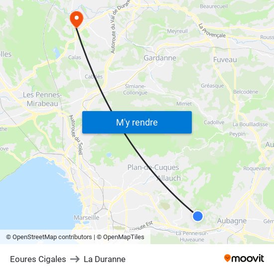 Eoures Cigales to La Duranne map