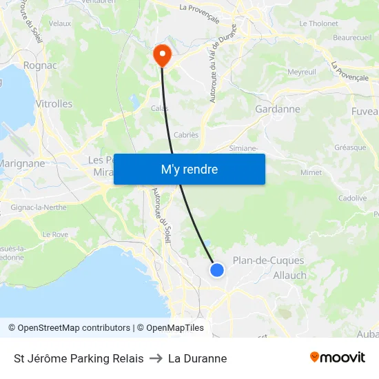 St Jérôme Parking Relais to La Duranne map
