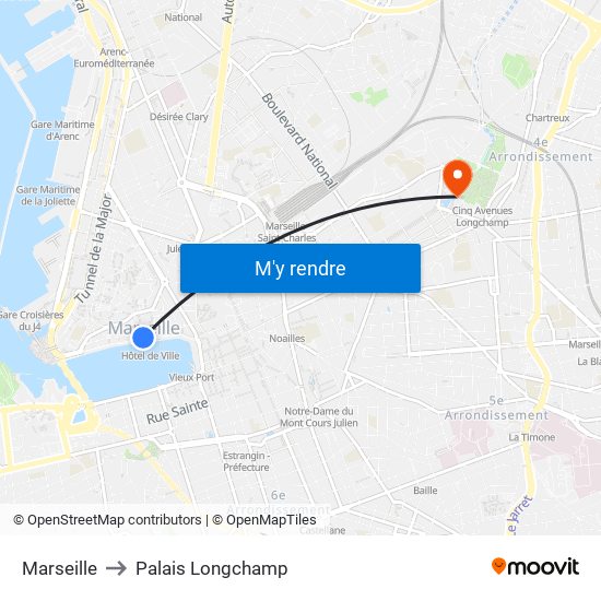 Marseille to Palais Longchamp map