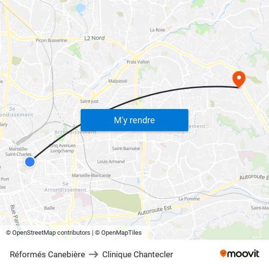 Réformés Canebière to Clinique Chantecler map