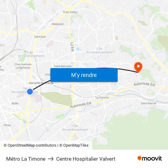 Métro La Timone to Centre Hospitalier Valvert map