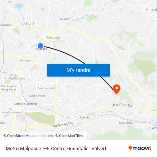 Métro Malpassé to Centre Hospitalier Valvert map