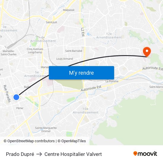 Prado Dupré to Centre Hospitalier Valvert map