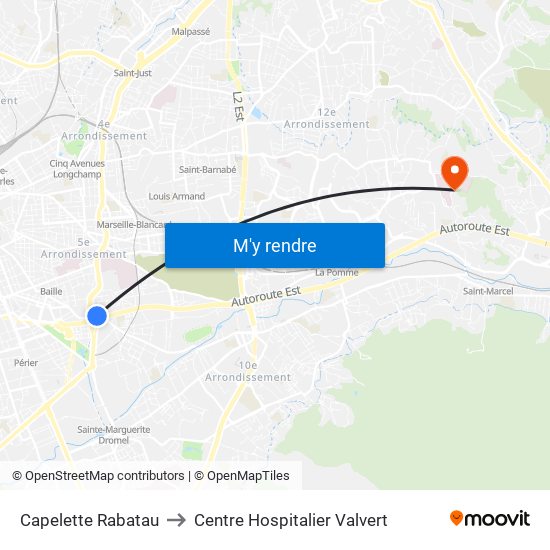 Capelette Rabatau to Centre Hospitalier Valvert map