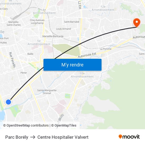 Parc Borély to Centre Hospitalier Valvert map