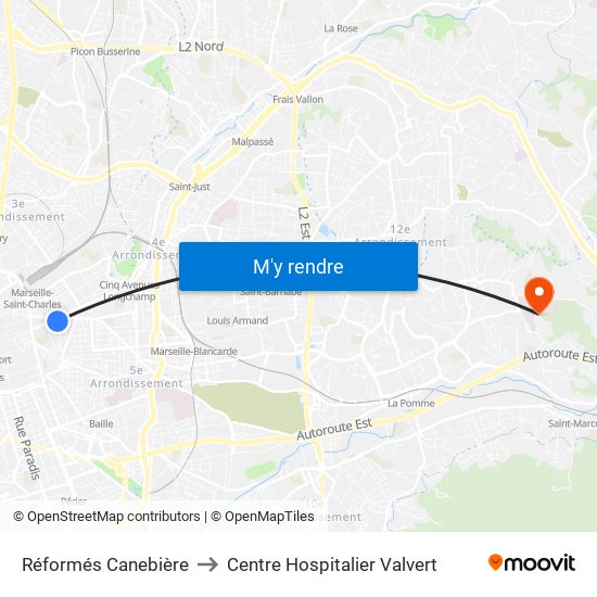 Réformés Canebière to Centre Hospitalier Valvert map