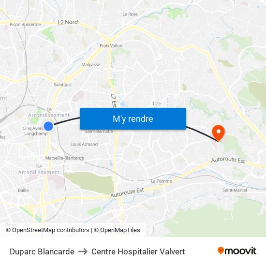 Duparc Blancarde to Centre Hospitalier Valvert map