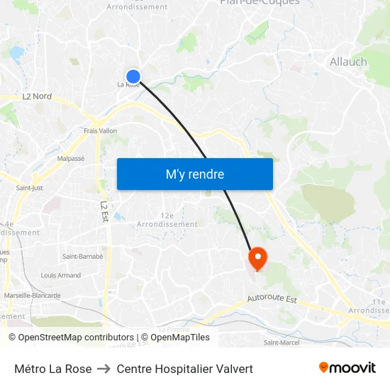 Métro La Rose to Centre Hospitalier Valvert map