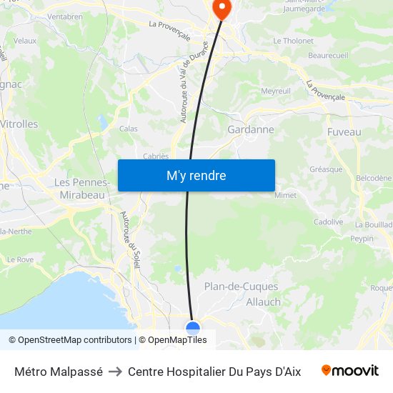 Métro Malpassé to Centre Hospitalier Du Pays D'Aix map
