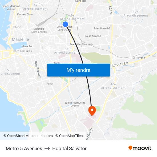 Métro 5 Avenues to Hôpital Salvator map