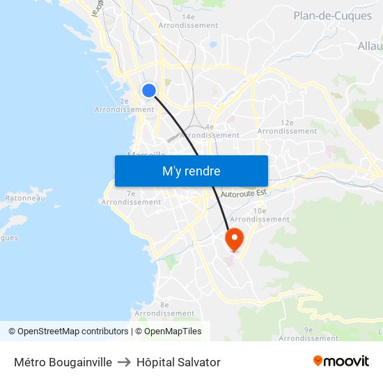 Métro Bougainville to Hôpital Salvator map