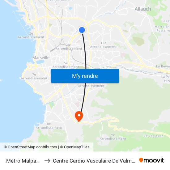 Métro Malpassé to Centre Cardio-Vasculaire De Valmante map