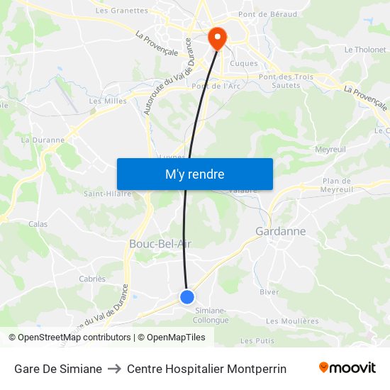 Gare De Simiane to Centre Hospitalier Montperrin map