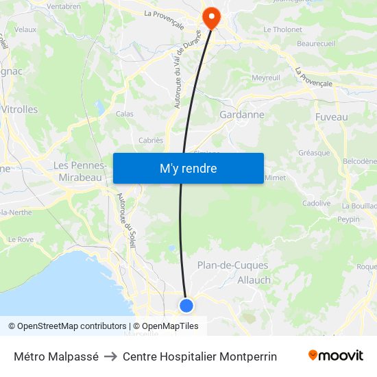 Métro Malpassé to Centre Hospitalier Montperrin map