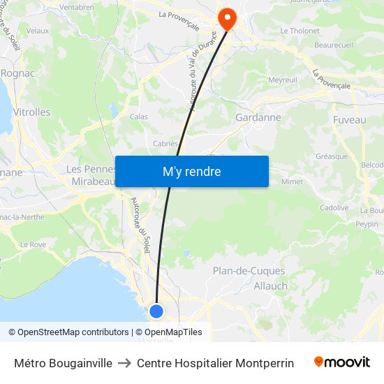 Métro Bougainville to Centre Hospitalier Montperrin map