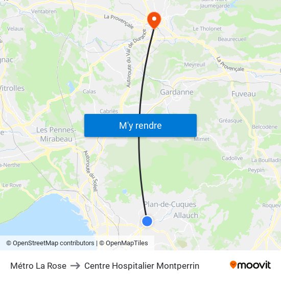 Métro La Rose to Centre Hospitalier Montperrin map