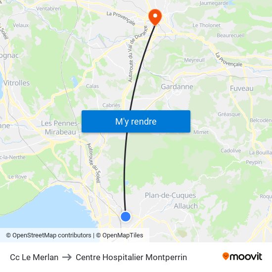 Cc Le Merlan to Centre Hospitalier Montperrin map