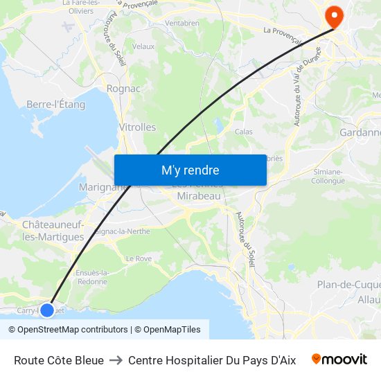 Route Côte Bleue to Centre Hospitalier Du Pays D'Aix map