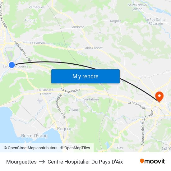 Mourguettes to Centre Hospitalier Du Pays D'Aix map