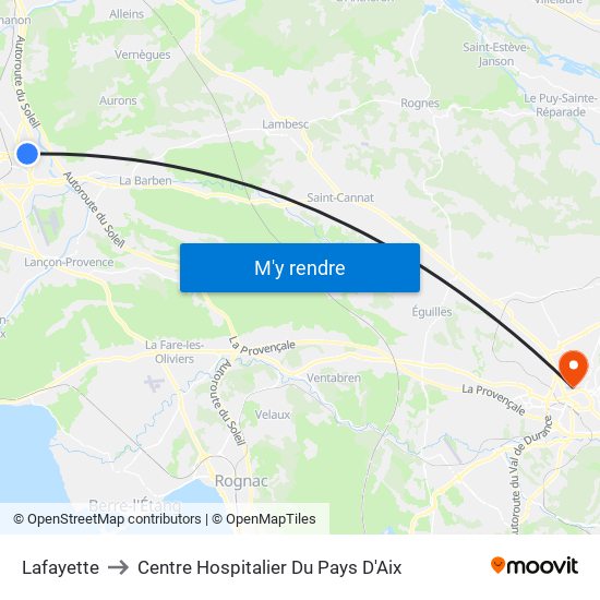 Lafayette to Centre Hospitalier Du Pays D'Aix map