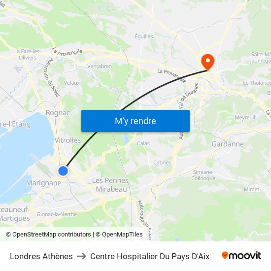 Londres Athènes to Centre Hospitalier Du Pays D'Aix map