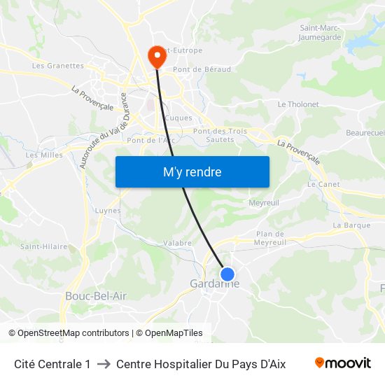 Cité Centrale 1 to Centre Hospitalier Du Pays D'Aix map