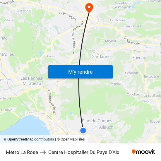 Métro La Rose to Centre Hospitalier Du Pays D'Aix map
