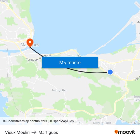 Vieux Moulin to Martigues map