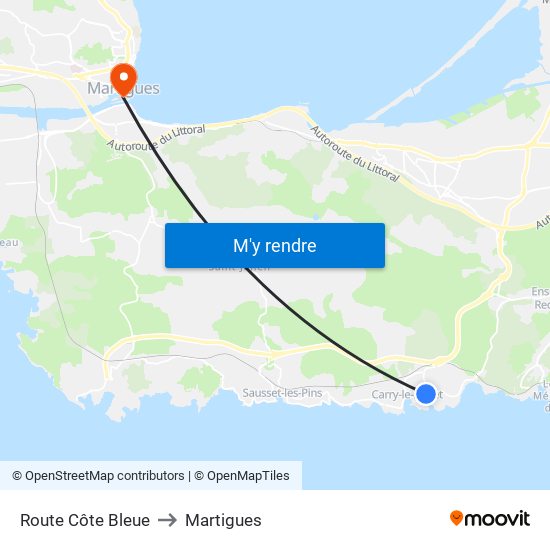 Route Côte Bleue to Martigues map