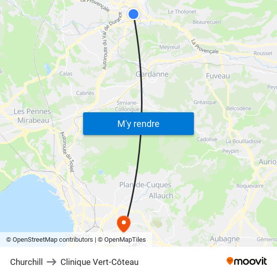 Churchill to Clinique Vert-Côteau map