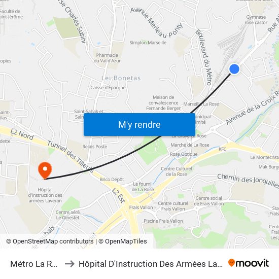 Métro La Rose to Hôpital D'Instruction Des Armées Laveran map