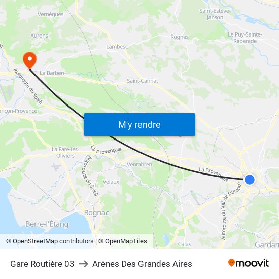 Gare Routière 03 to Arènes Des Grandes Aires map