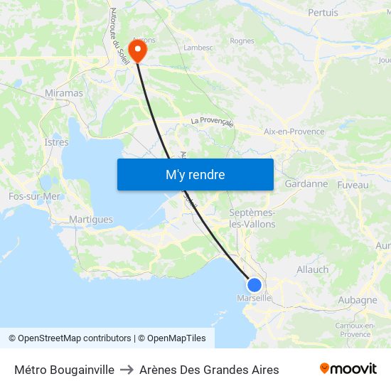 Métro Bougainville to Arènes Des Grandes Aires map