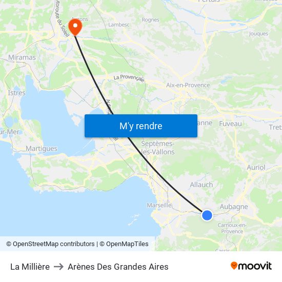 La Millière to Arènes Des Grandes Aires map