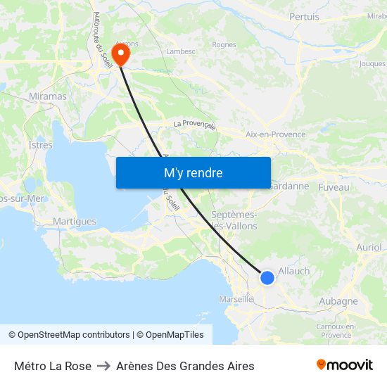 Métro La Rose to Arènes Des Grandes Aires map