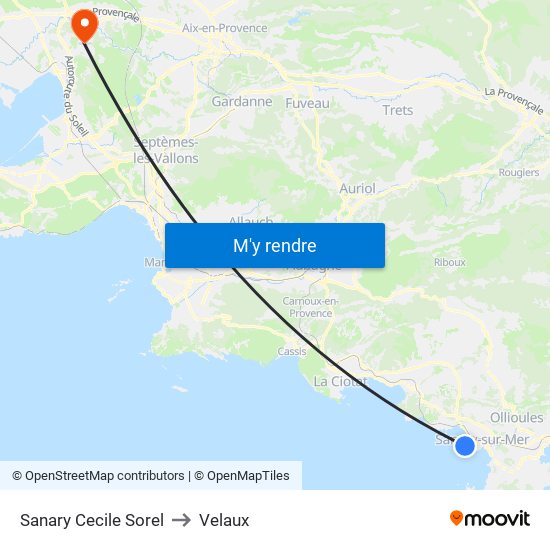 Sanary Cecile Sorel to Velaux map