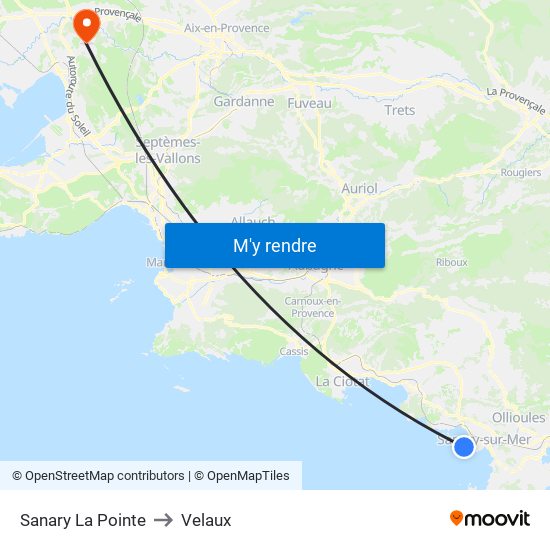 Sanary La Pointe to Velaux map