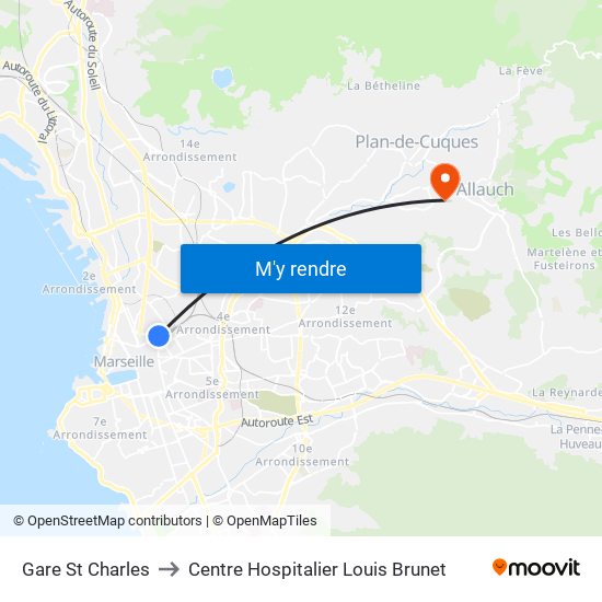 Gare St Charles to Centre Hospitalier Louis Brunet map